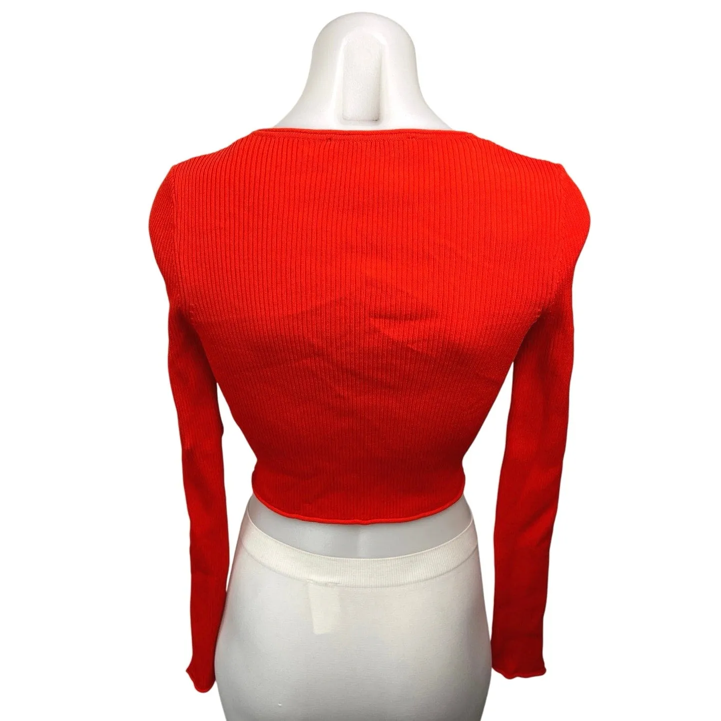 Zara Red Ribbed One Button Long Sleeve Stretch Knit Cardigan Sweater Crop Top S